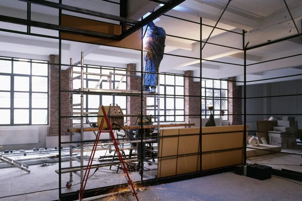 Commercial interior during partition and ceiling renovation work