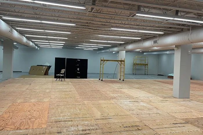 Commercial open space during floor and ceiling renovation