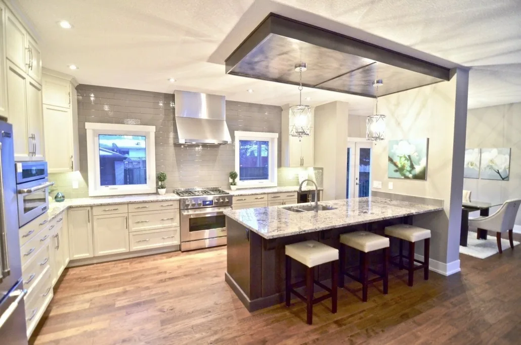 Completed kitchen and dining renovation with a large island and coordinated finishes
